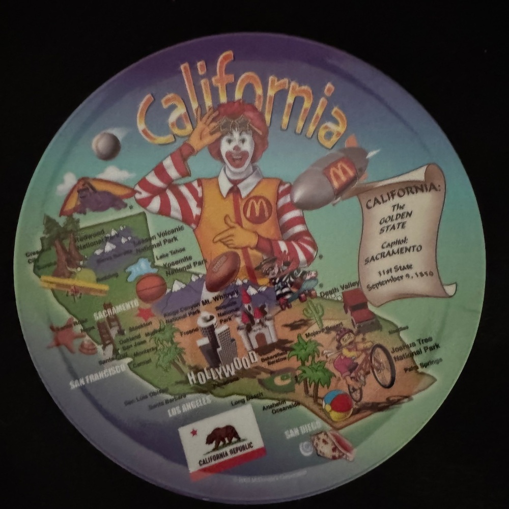 New 2003 Ronald McDonald’s 9 1/2” California Collectors Melamine Plate Vintage